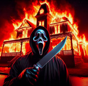 A person in a metallic ghost mask holding a prop knife in front of a house engulfed in flames.