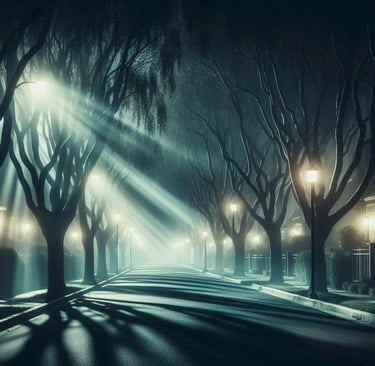 A misty, tree-lined residential street at night illuminated by eerie streetlights casting a street.