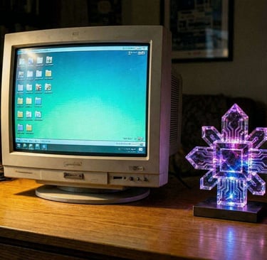 An ultra-high-definition digital artwork of a classic 90s personal computer workstation.