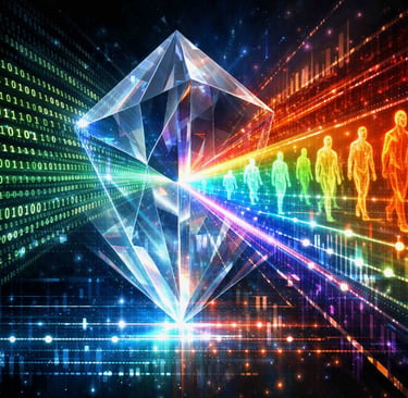 digital artwork of a mathematical construct splitting complex data streams into identities.