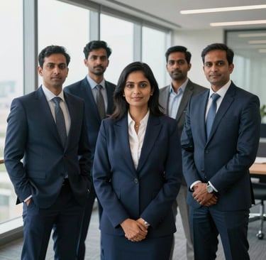 A high-end professional portrait of a South Asian / Indian business leadership team in a modern Mumbai office, wearing dark navy blue and steel blue corporate attire, soft natural light from large windows.