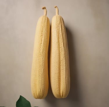 Close-up of natural luffa sponges arranged on a wooden surface with soft natural light.