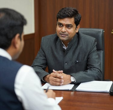Mr. Rahul Kulkarni consulting with clients in a warmly lit office filled with legal books.