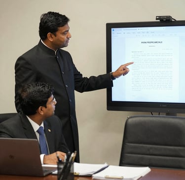 A candid moment of the team collaborating over corporate law cases in a modern conference room.