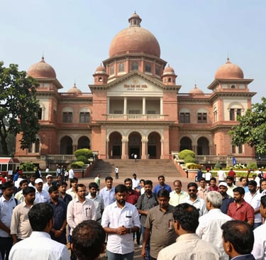 The entrance of Bombay High Court on a bright day, symbolizing justice and dedication.