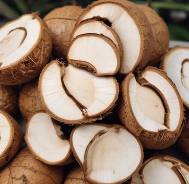 Sun-dried copra pieces spread out under bright sunlight on a rustic mat.