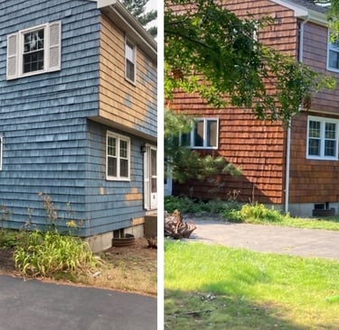 Exterior shingle restoration in Marshfield, MA.