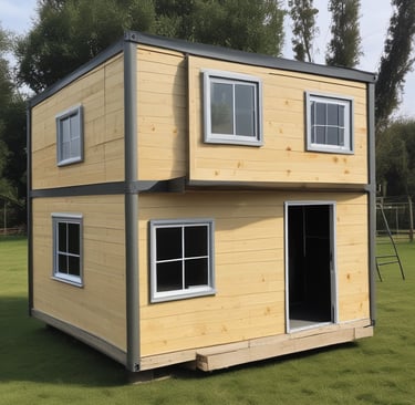 Compact portable cabin with solar panels installed on the roof, situated in a desert landscape.