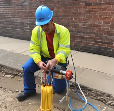 Technician carefully pulling cables through a rural area, surrounded by green fields.