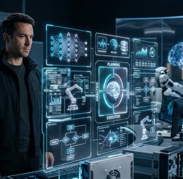 Engineer analyzing AI neural networks and robotic automation on a holographic digital interface.