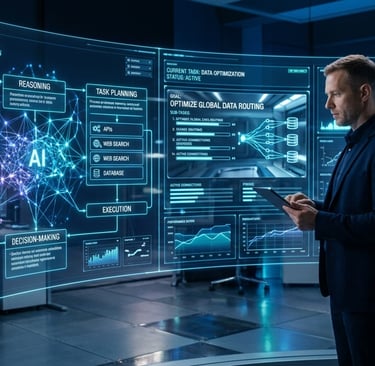 Professional engineer analyzing an AI agent workflow and data optimization on a futuristic digital dashboard.