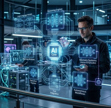 Engineer interacting with an advanced AI core neural network interface in a futuristic data center.