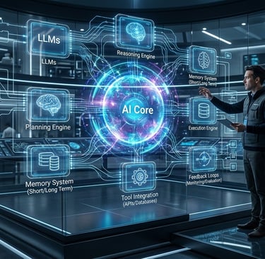 Engineer interacting with a futuristic AI core digital interface showing LLMs and neural network architecture.