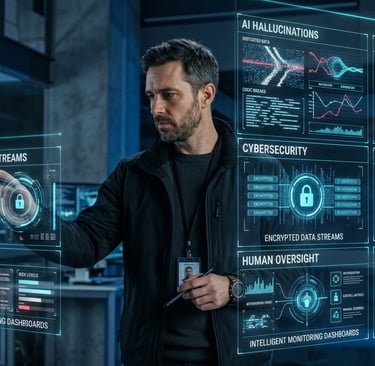 A cybersecurity professional monitors encrypted data and AI hallucinations on a futuristic digital dashboard.