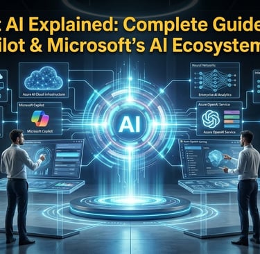 A futuristic tech office showing Microsoft AI ecosystem including Azure AI, Copilot, and cloud infrastructure.