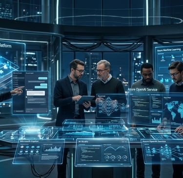 A team of engineers collaborating on Azure AI Cloud Platform interfaces and OpenAI Service data in a futuristic control room.
