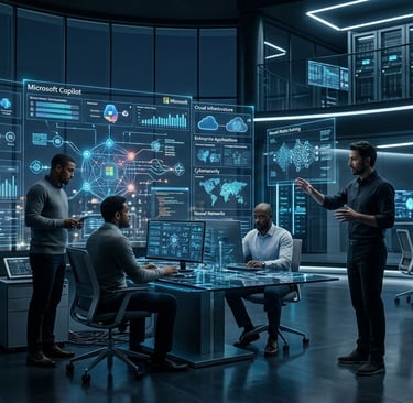 IT professionals managing Azure AI services and Microsoft Copilot on digital displays in a modern data center.
