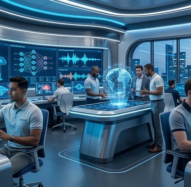 IT professionals working in a high-tech data center monitoring network security and cloud infrastructure dashboards.