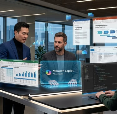Business professionals using Microsoft Copilot AI assistant for data analysis and strategic planning in a modern office.