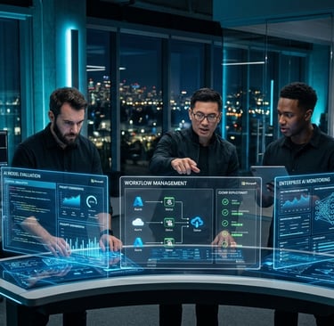 IT professionals using holographic interface for AI model evaluation and workflow management in a modern office.