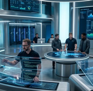 A modern data center operations room with IT professionals monitoring AI analytics on holographic displays and dashboards.