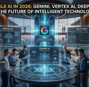 Futuristic Google AI research lab showing Gemini and Vertex AI development in 2026.