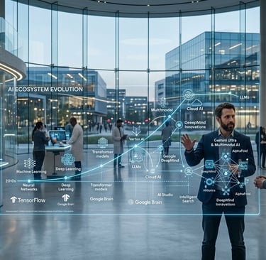 Engineers in a modern tech lab analyzing a futuristic digital hologram of the AI ecosystem evolution.