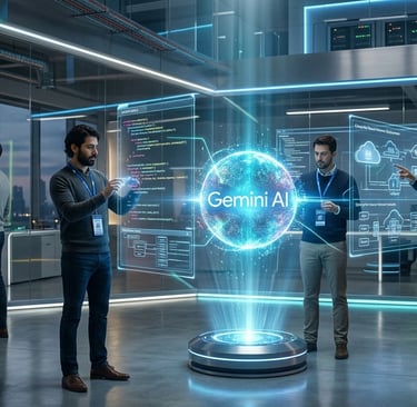 Tech professionals interacting with a Gemini AI holographic interface in a modern server data center.