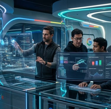 IT professionals analyzing data on futuristic glass touchscreens in a modern high-tech server room.