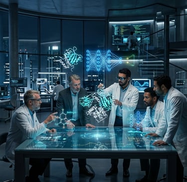 Scientists in a futuristic high-tech laboratory analyzing 3D holographic molecular structures and AI data.