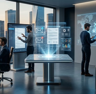 Business team using futuristic digital interfaces and holographic data displays in a modern high-rise office.