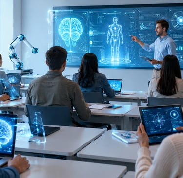 University students learning with artificial intelligence in a modern smart classroom using AI-power