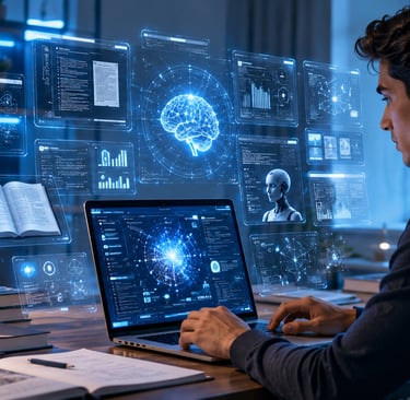 University student using multiple AI tools on a laptop for studying, research, and academic producti