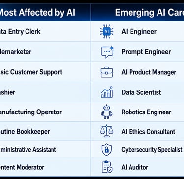 A comparison chart of jobs most affected by AI versus emerging AI careers like Prompt Engineer and AI Auditor.