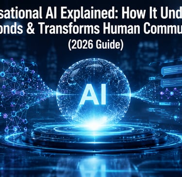 A 2026 guide to conversational AI showing digital neural networks, voice waves, and human-computer interfaces.