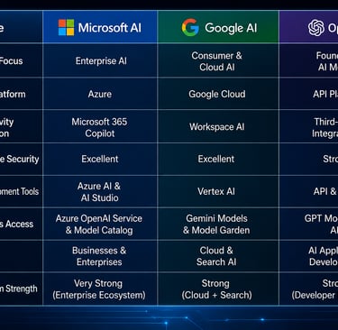 A comparison chart of Microsoft AI, Google AI, and OpenAI features, cloud platforms, and enterprise security.
