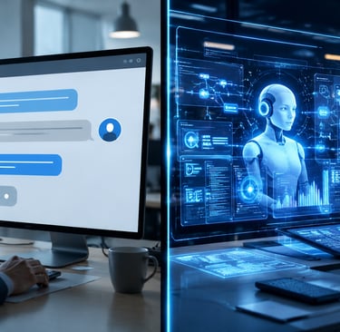 Professional man using an AI chatbot interface and futuristic holographic neural network for data analysis.