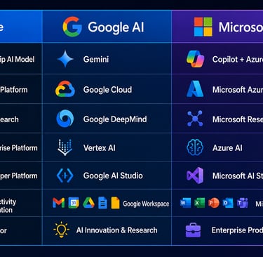 Comparison chart of Google AI vs Microsoft AI features including Gemini, Copilot, Azure, and Cloud platforms.