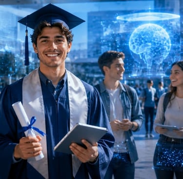 A smiling male graduate in a blue gown holding a diploma and tablet among students with AI data overlays.