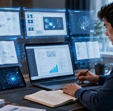 A student uses a laptop with futuristic holographic displays for digital learning and research at a desk.