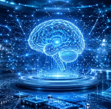 A glowing blue digital human brain representing artificial intelligence and machine learning technology.