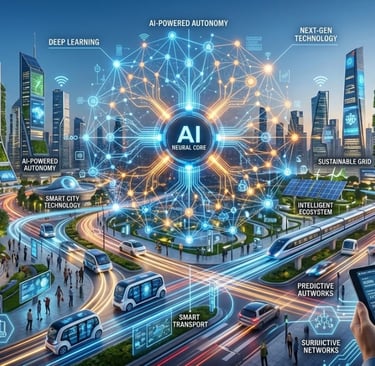 A futuristic smart city featuring AI neural networks, autonomous transport, and sustainable green technology.