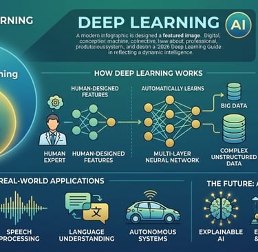 Deep learning and machine learning infographic explaining neural networks, AI benefits, and real-world applications.