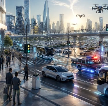 A futuristic smart city featuring autonomous electric buses, flying delivery drones, and high-tech healthcare facilities.