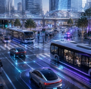 A futuristic smart city street with autonomous electric buses and cars navigating a high-tech intersection.