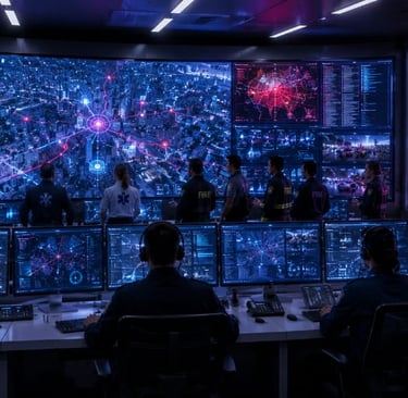 AI-powered emergency response center coordinating police, firefighters, ambulances, and disaster man