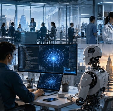 A futuristic workplace collage showing engineers, doctors, and AI robots collaborating with advanced digital interfaces.