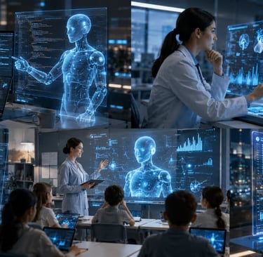 A collage showing engineers and doctors using blue holographic AI interfaces for coding, medical scans, and education.