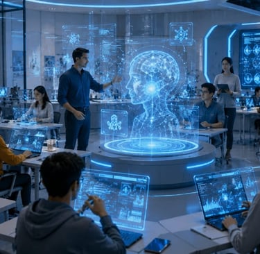 Engineers and researchers in a high-tech lab working on artificial intelligence with 3D holograms.