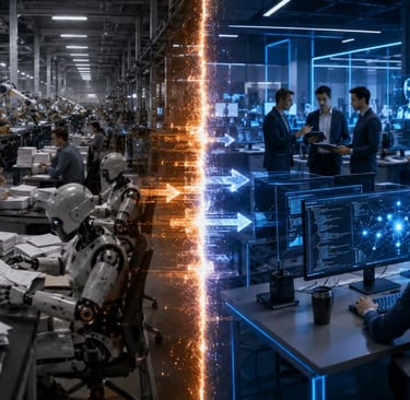 Digital twin technology showing industrial automation and AI robotics in a modern smart factory setting.